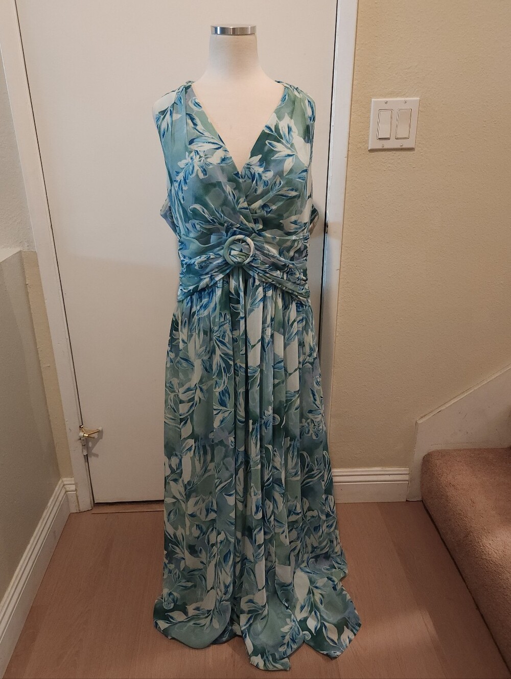 Sleeveless Teal Floral Wrap Maxi Dress with Waist Ring